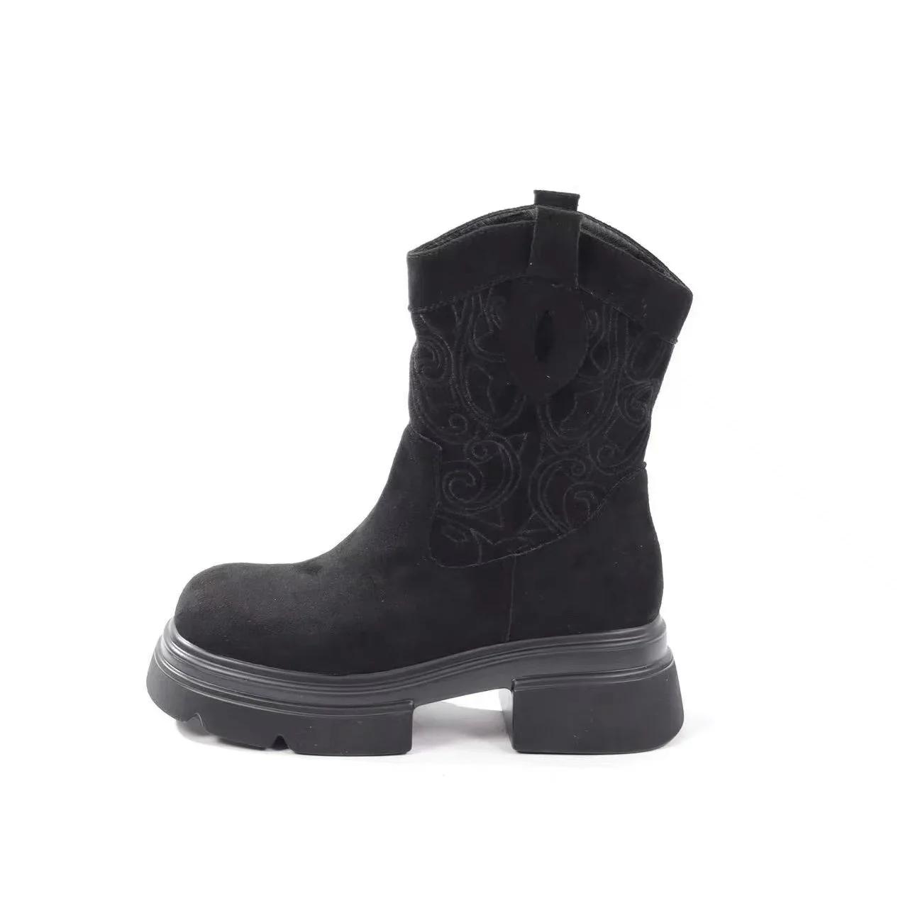 

Модные женские сапоги весна/осень с круглым носком на среднем каблуке для женщин, уличные нарядные сапоги до середины икры, современные сапоги на платформе, офисная женская обувь 43 чёрный