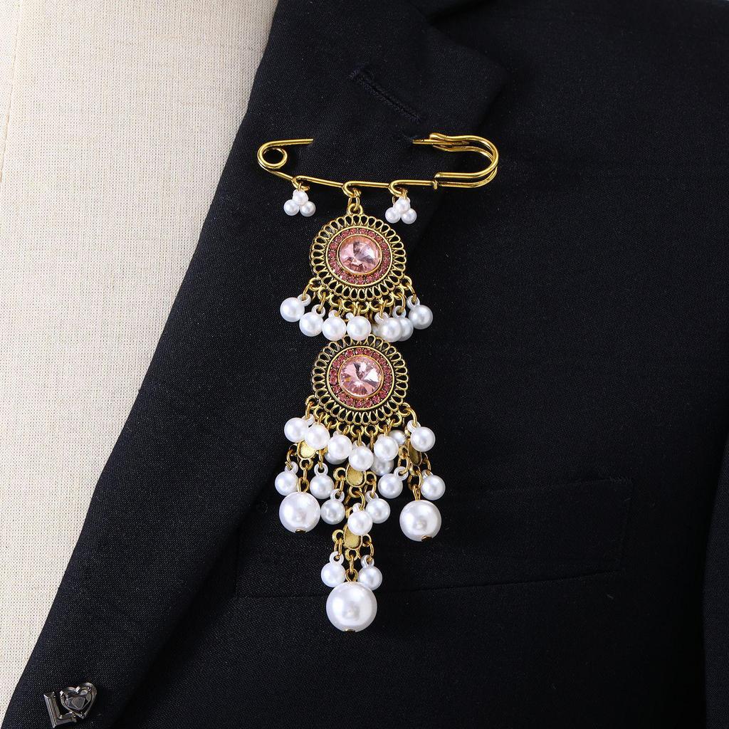 Bohemian Rhinestone Flower Tassel Brooch for Women - Exotic Style Suit Coat Pin