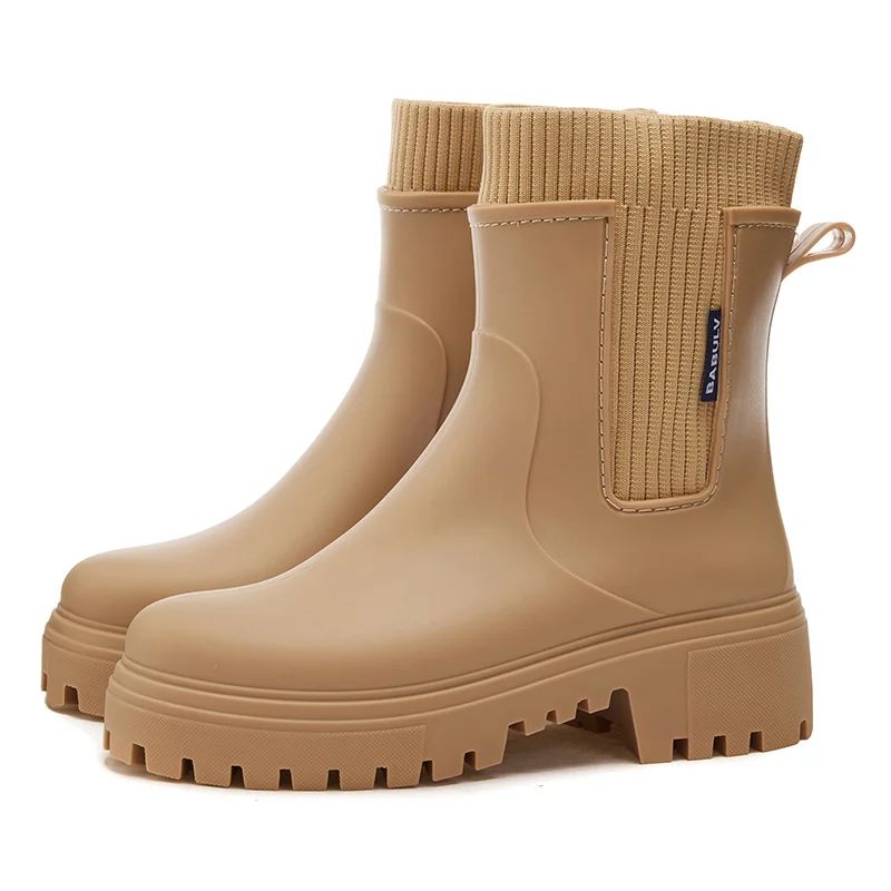 Regenstiefel Damen Vier Jahreszeiten Mode Outdoor Mittelrohr Wasserdichte Rutschfeste Gummischuhe Modische Regenstiefel mit Baumwollüberzug