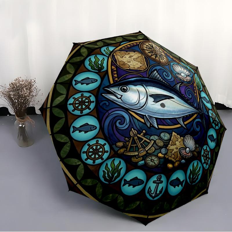 Marine Adventure Symbols Pattern Umbrella, Portable and Foldable Design, 8 Ribs, a Casual Accessory for Halloween, Christmas, and Birthday Gifts.