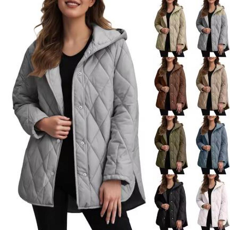 Herbst Winter Mode Jacke Mantel Damen Parkas Lässig Gekräuselter Rand Kapuze Gepolsterter Mantel Gitter Oberbekleidung