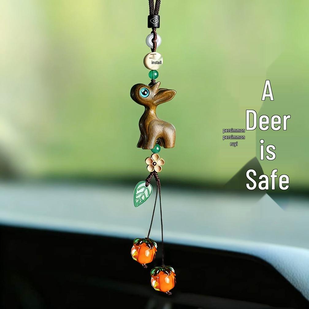 Sandalwood Little Deer Car Charm: Gourd Ornament for Rearview Mirror