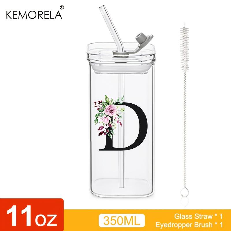 1 STÜCK 24 Buchstabenförmige Glastrinkbecher mit Deckel und Strohhalm Kaffeebecher 300ML Klarer quadratischer Trinkbecher für Kaffee Bier Milch