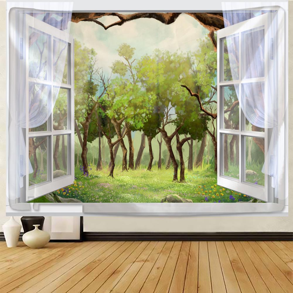 Wald vor dem Fenster Landschaft Wandteppich Hängen grüne natürliche Pflanzen Bohemian Hippie Psychedelic Schlafzimmer Home Decor