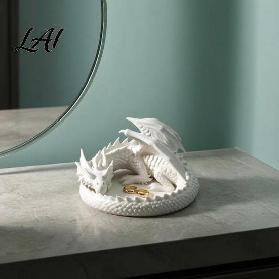 Ring Storage Tray 3D Printed Dragon Jewelry Tray Coiled Figurine Key Bowl Fantasy Necklace Display Stand Desktop Organizer for Earrings Necklaces,