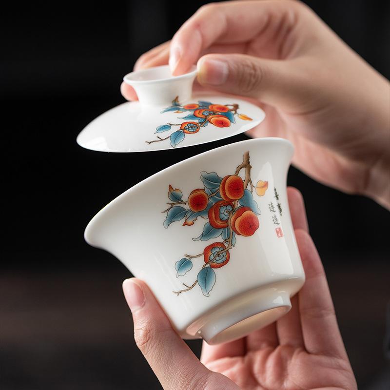 Light luxury imitation hand-painted suet jade porcelain Sancai cover bowl Kung Fu tea set single tea cup tea bowl pure handmade boutique