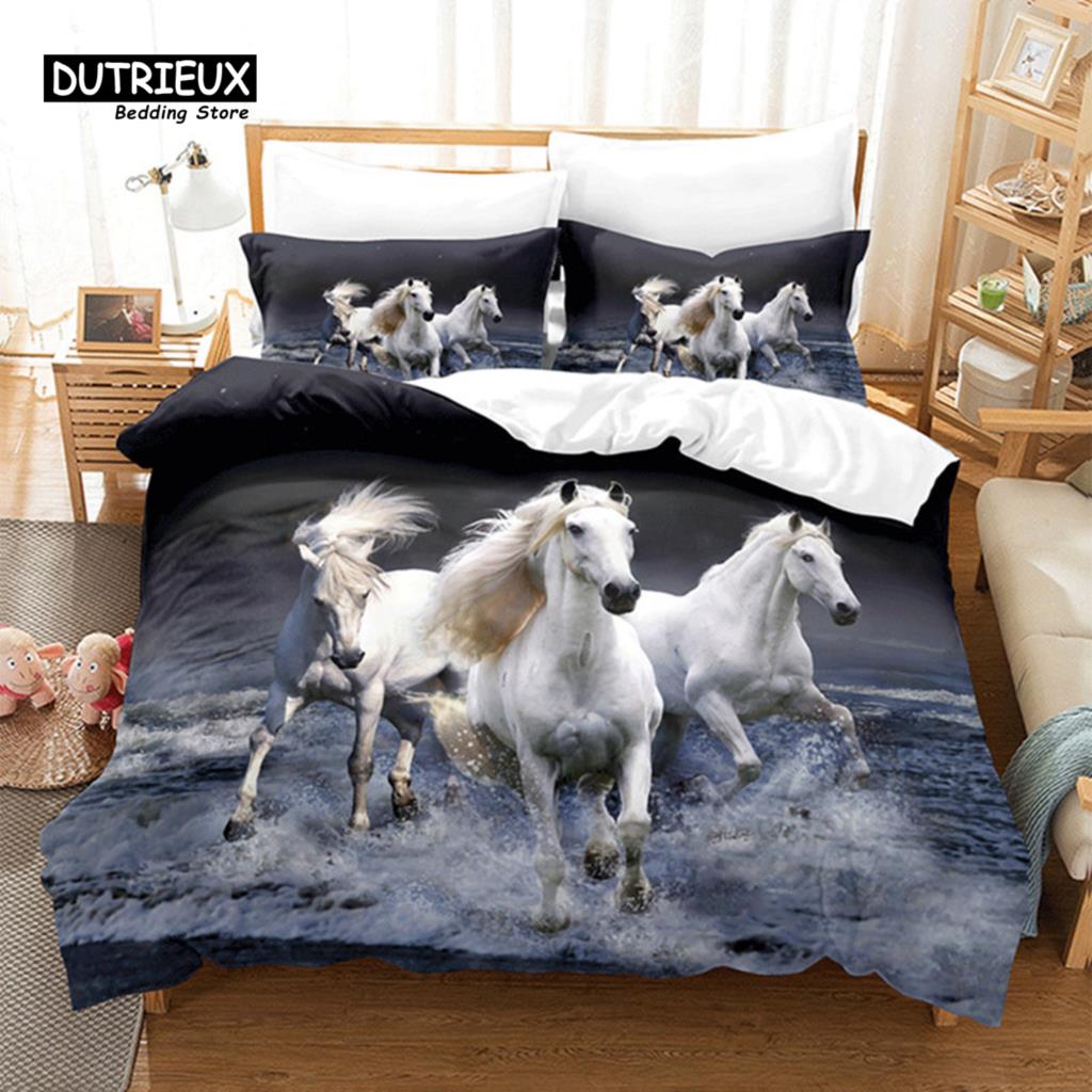 Unicorn Horse Bedding Set 3D Animal Print Duvet Cover Galloping Horse Comforter Cover Queen For Boys Teens Adults Decor Bedroom