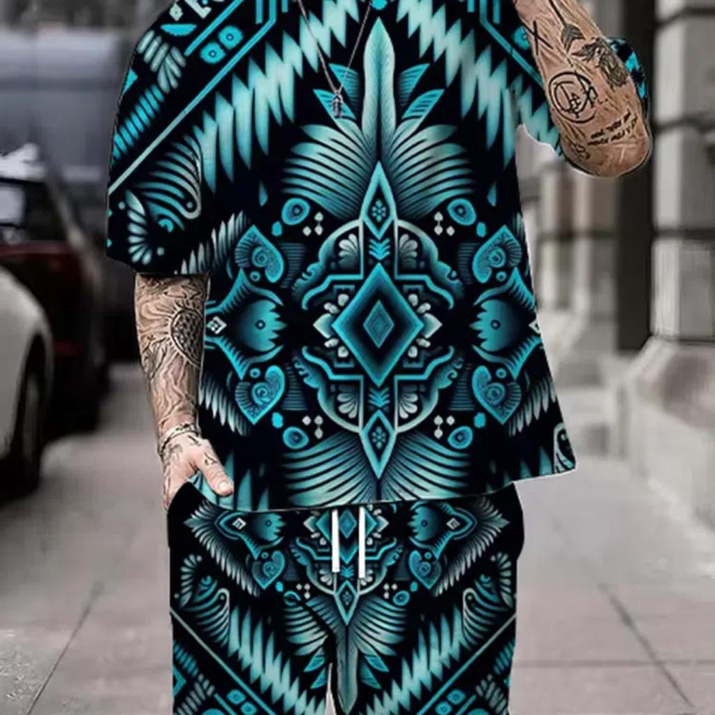 Summer Men's Short Sleeve Shorts Set Street Everyday Casual Men's T-Shirt Outdoor Fashion Loose Shorts Bohemian Print