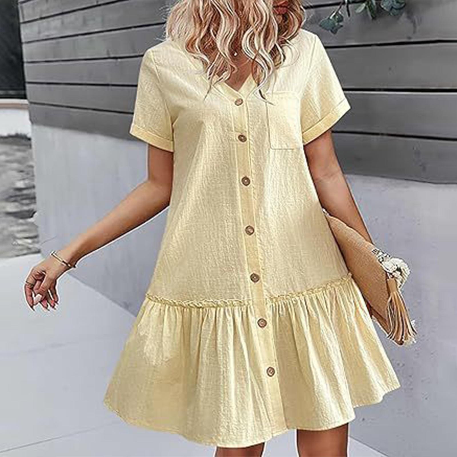 

Женское повседневное однотонное свободное платье с v-образным вырезом и пуговицами с короткими рукавами и рюшами по подолу XL жёлтый