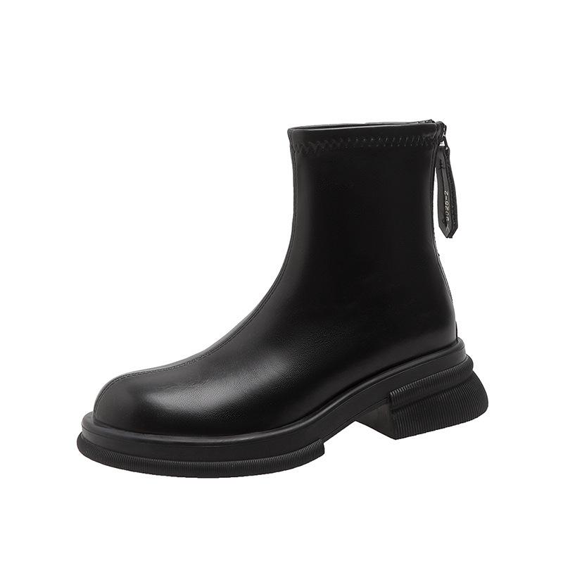 New Thick-soled Martin Boots Soft-sided Thick Heel Inner Heightening Velvet Women's Short Boots Rear Zipper Medium Tube Elastic Thin Boots