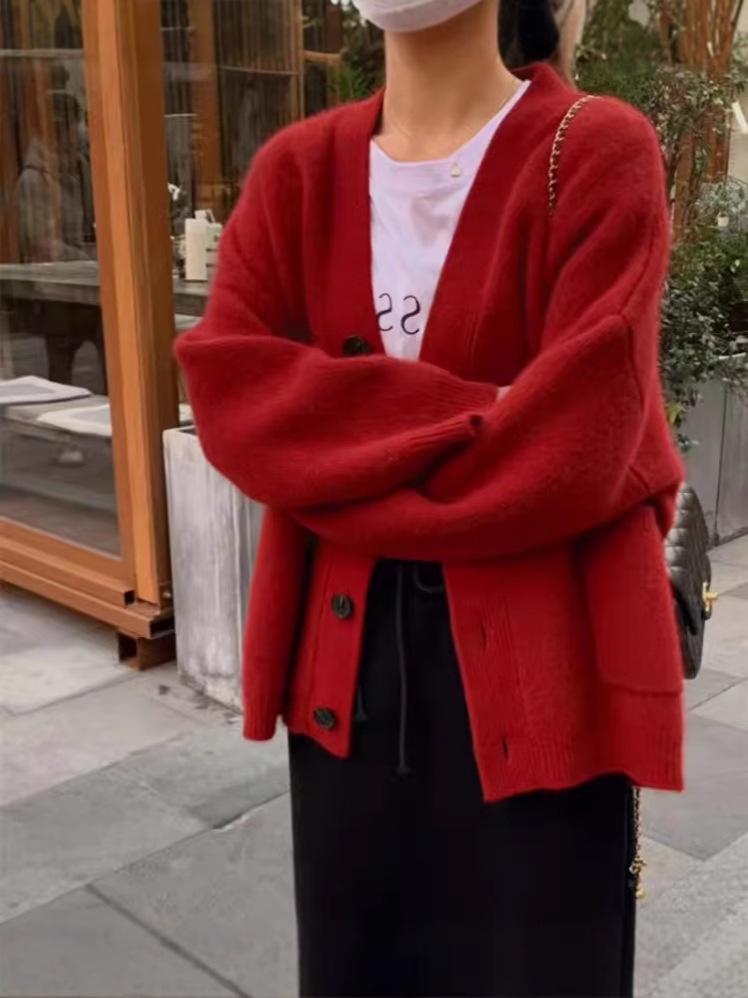 Women's Mid-Length 100% Wool Thick Cardigan - Elegant, Versatile, Loose Fit Cashmere Knitwear