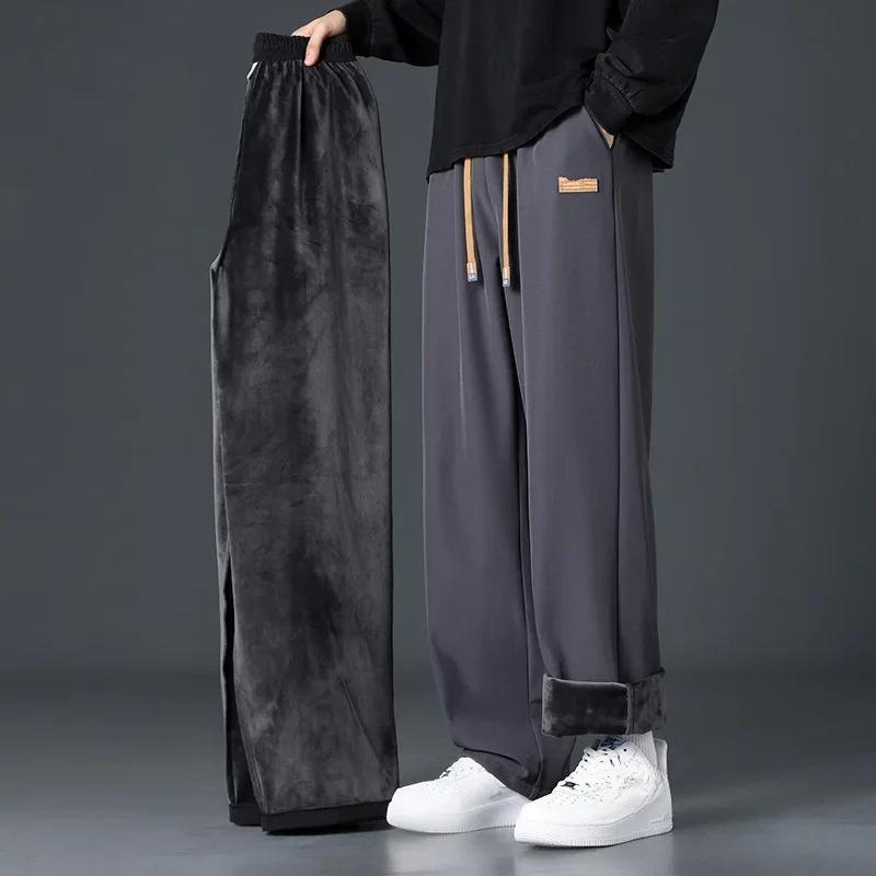 

Men Autumn Winter Thick Fleece Warm Trousers Drawstring Cropped Pants Men Add Velvet Casual Loose Drape Sweatpants Sports Slacks 4XL сірий