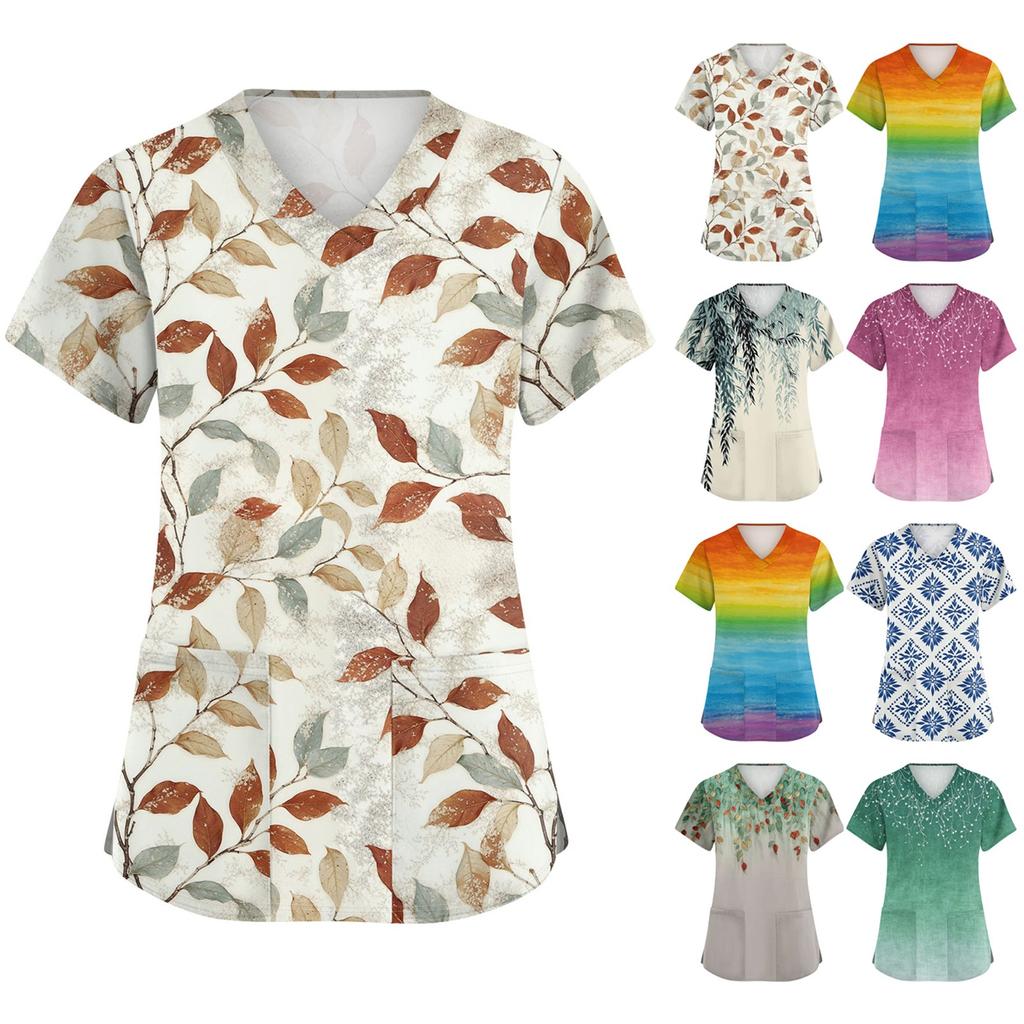 Niedlich bedruckte Arbeitskleidung für Damen, V-Ausschnitt, doppellagige Taschen, Basic-Kurzarm-Oberteil, Pullover