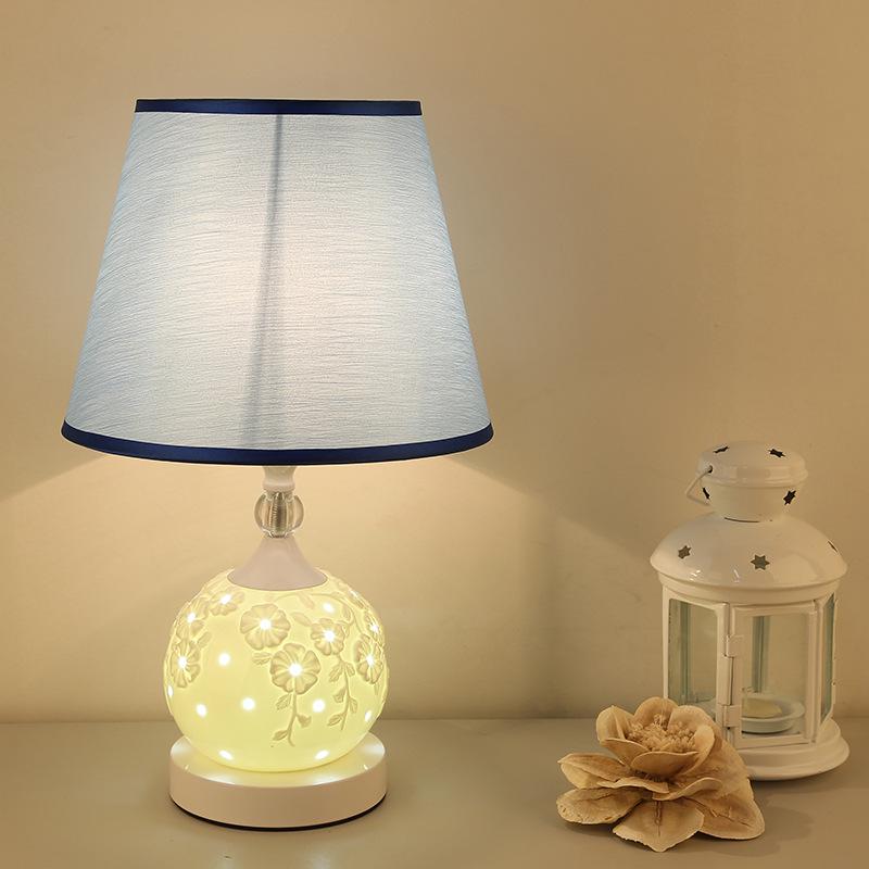 European Style Ceramic Bedside Lamp: Fashionable, Dimmable Night Light with Fabric Shade for Bedroom or Study.