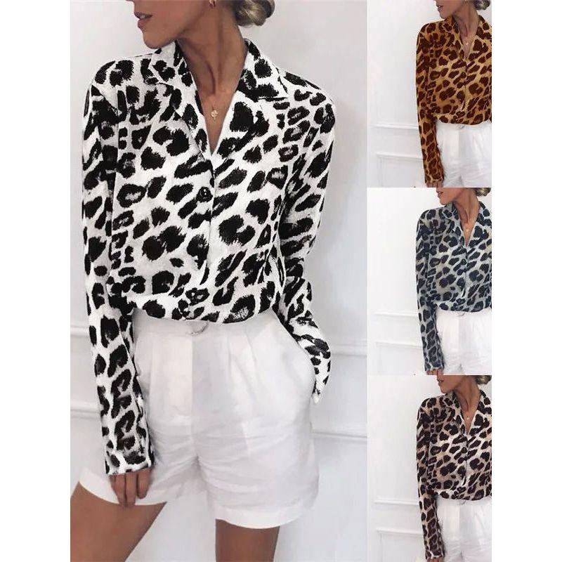 Suit Collar Leopard Print Long Sleeve Shirt Women Leopard-Print Long-Sleeved Shirt