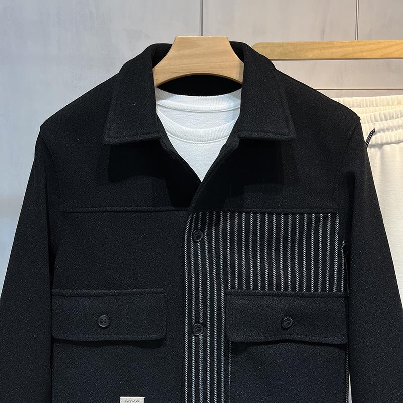 

Men s Striped Woolen Jacket Trendy Brand Contrasting Casual Lapel Jacket Autumn and Winter Slim-fitting Versatile Top 3XL чёрный