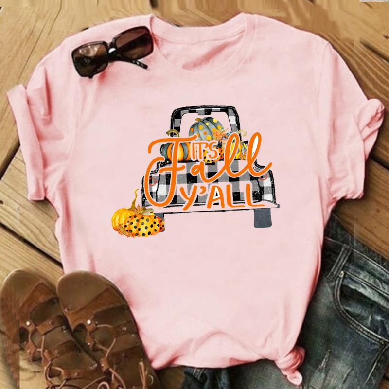 Autumn Maple Leaf Halloween Thanksgiving Print ShortSleeved TShirt European American Style Aesthetic Top for Unisex Women