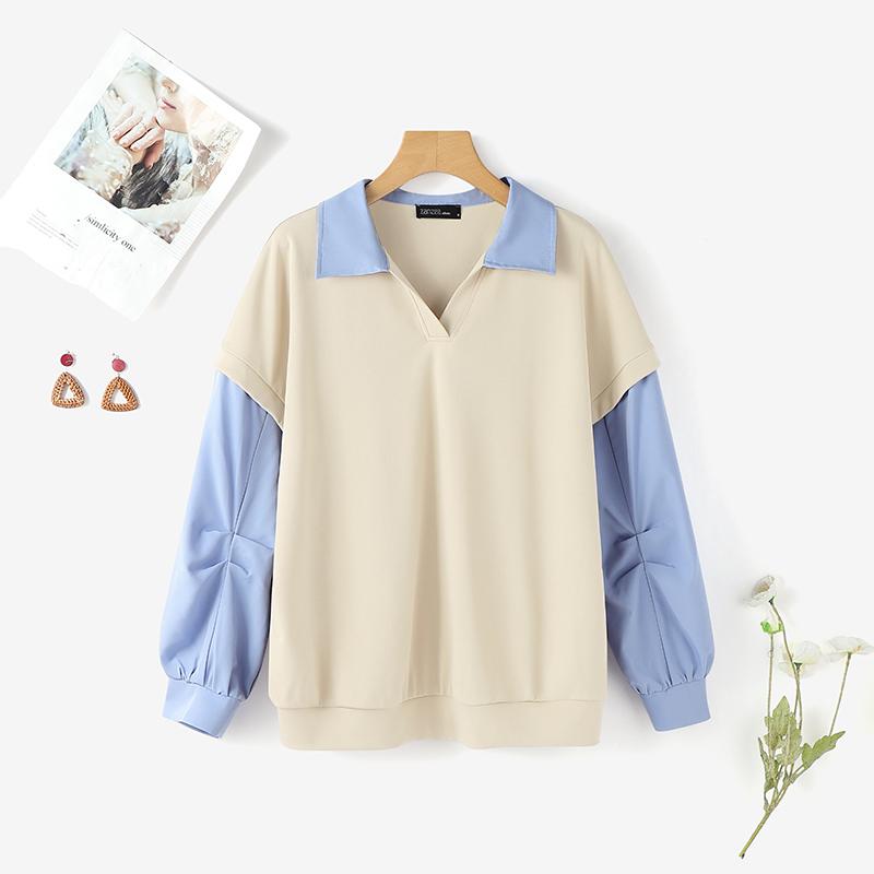 

ZANZEA Women Casual Turn Down Collar Splice Long Sleeve Pullover Sweatshirt 3XL абрикосовий