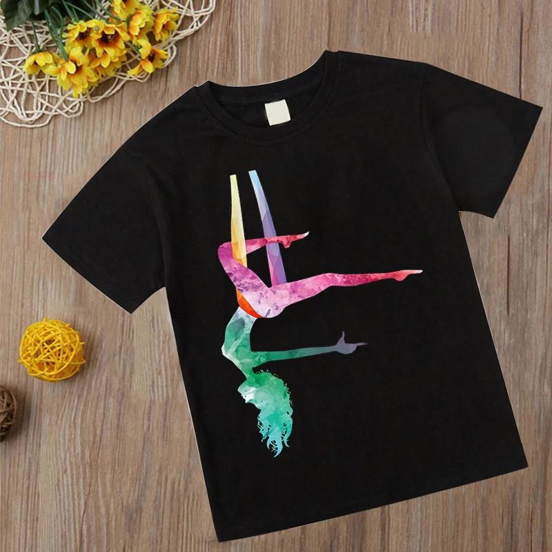 Watercolor Gymnastics T Shirt New Kids Girl Tshirt Kawaii Gymnastics Art Top Tee Fashion Children Clothes Cartoon Black T-shirts