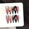 Handmade Press On Nail Cool Black Pink Metallic Silver Gradient 3D Carved Flowers Long Water Drop Fake Nail Patch Artificial Nail Reusable