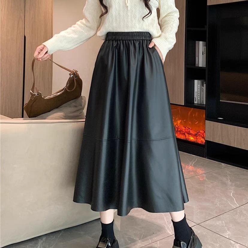 Women's 2024 PU Leather A-Line Mid-Length Skirt: Autumn/Winter Fashion, Elastic Waist, Versatile Temperament, Loose Fit Umbrella Design