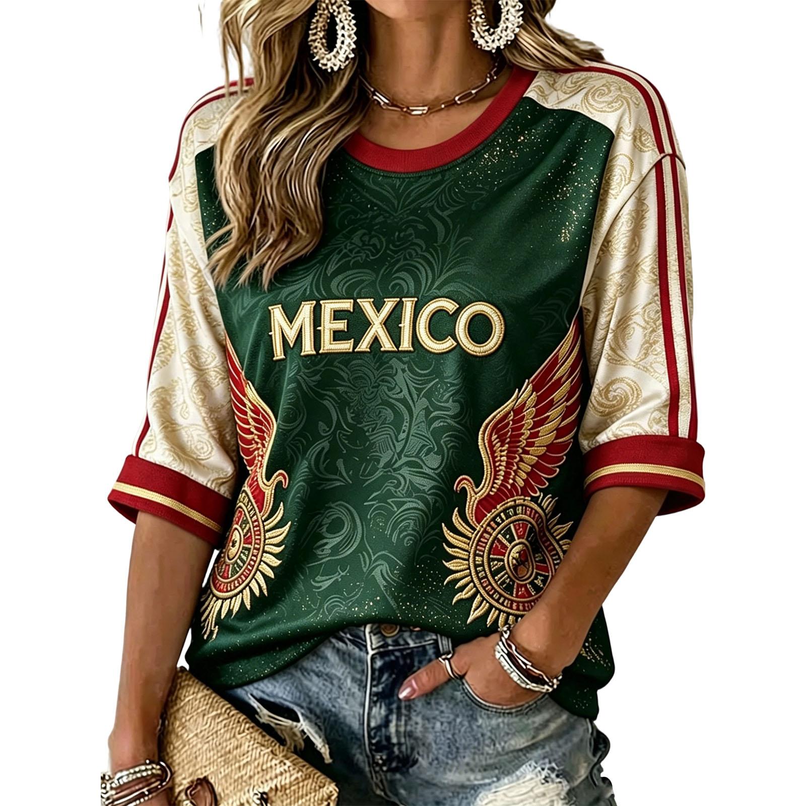 Women s Fashion Printed Round Neck Three-Quarter Sleeve Pullover Top with Mexico Soccer Graphic L