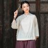 Johnature Vintage Women Shirts Stand Seven Sleeve Blouses Autumn Solid Color Button Chinese Style Shirts