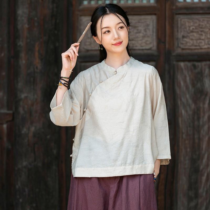 Johnature Vintage Women Shirts Stand Seven Sleeve Blouses Autumn Solid Color Button Chinese Style Shirts