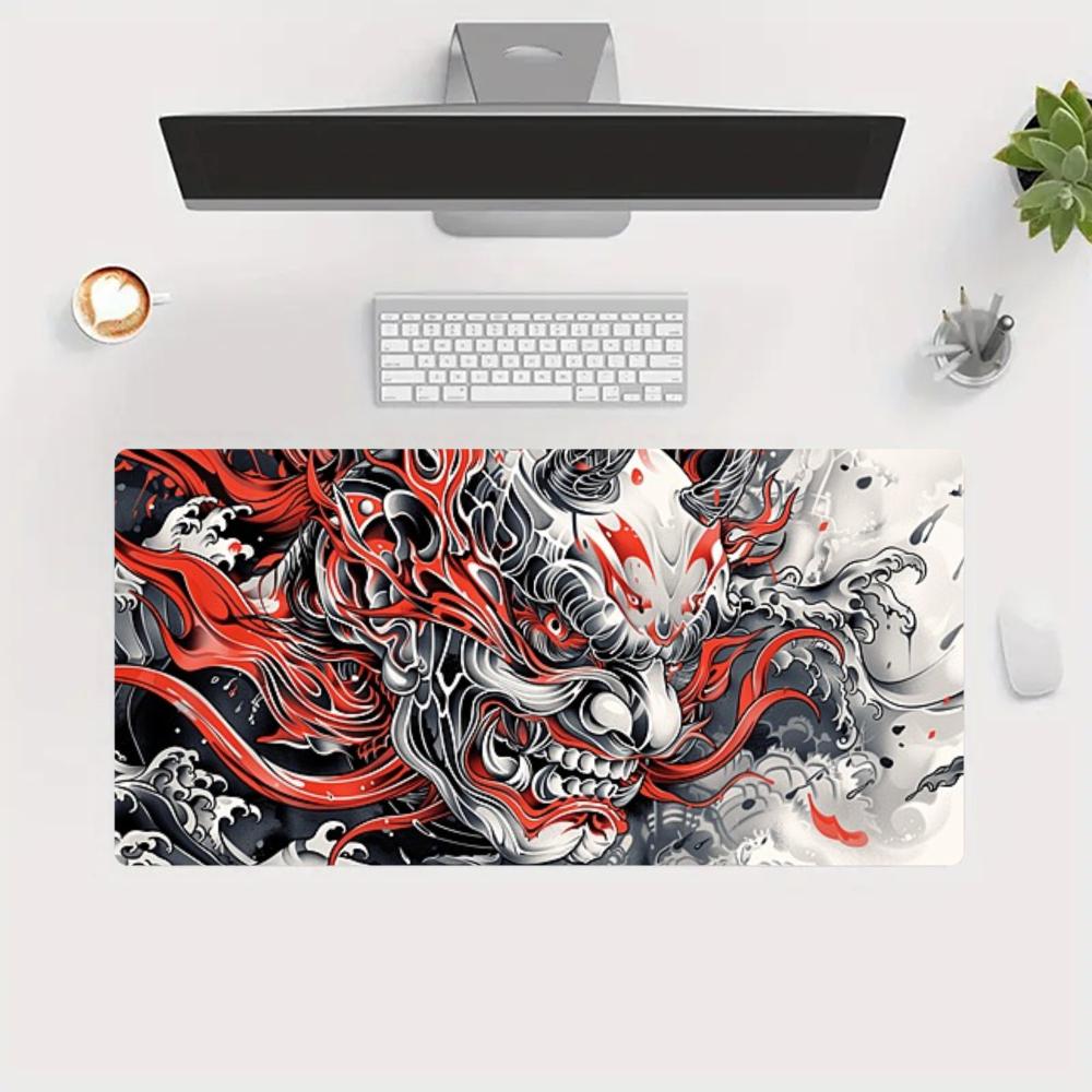 Fiery Red Oni Demon Ukiyoe Style Design Large Size Game Desk Mat Natural Rubber Nonslip Esports Mouse Pad For Laptop Desktop