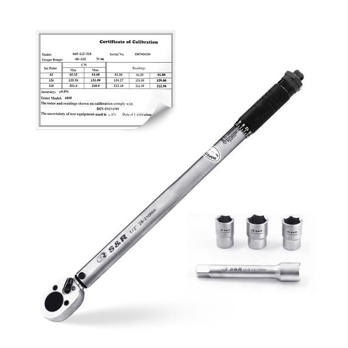 Clé Dynamométrique - S&R - 1/2' - 46 cm - 28-210 Nm - 3 Douilles (17, 19, 21 mm)
