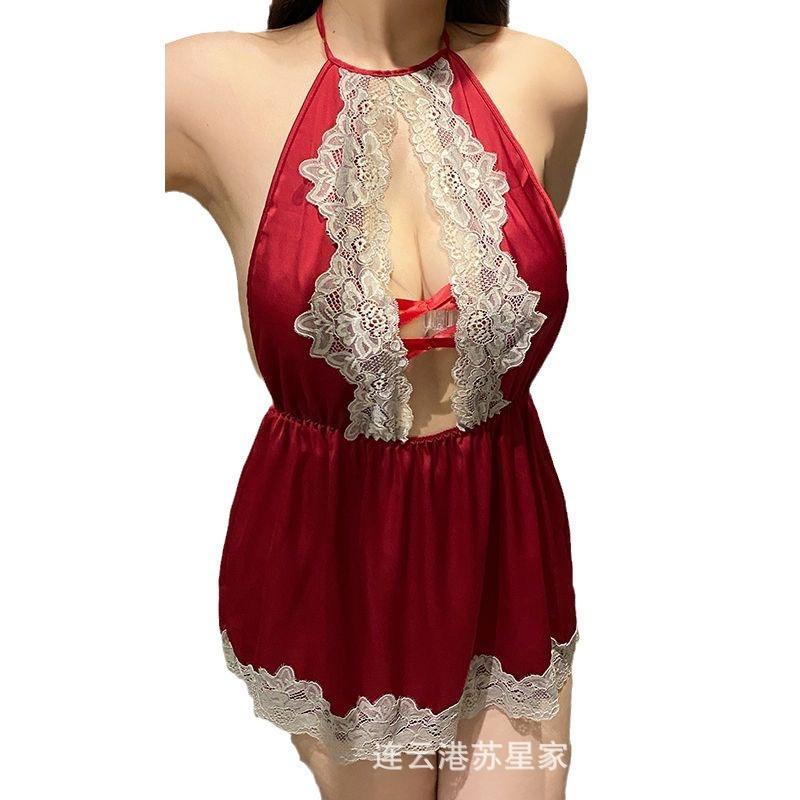 Large size sexy pajamas skirt set women's neck hot slightly transparent fat mm pajamas backless pajamas suspender lace underwear