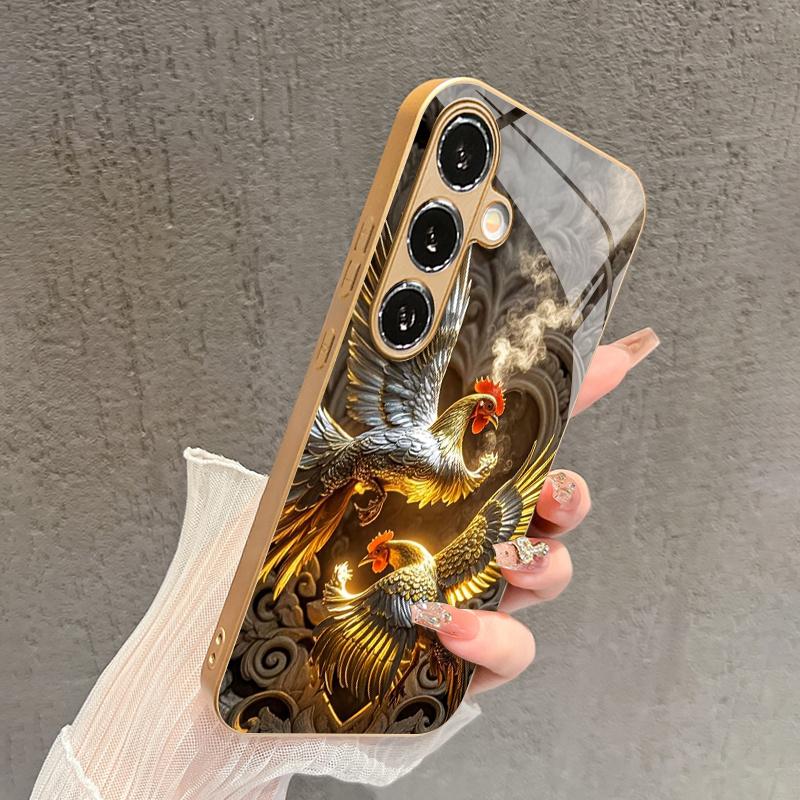 Double Chicken Pattern 2D Phone Case for Samsung S26 S25 S24 S23 S22 S21 S20 A56 A36 A16 Golden Glass Protective Cover
