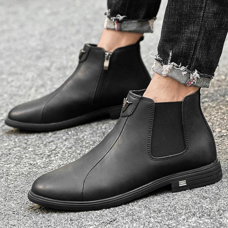 Fashion Winter Plush Warm Men Chelsea Boots Formal Business High Top Shoes British Style Ankle Boots Genuine Leather Male Business Shoes