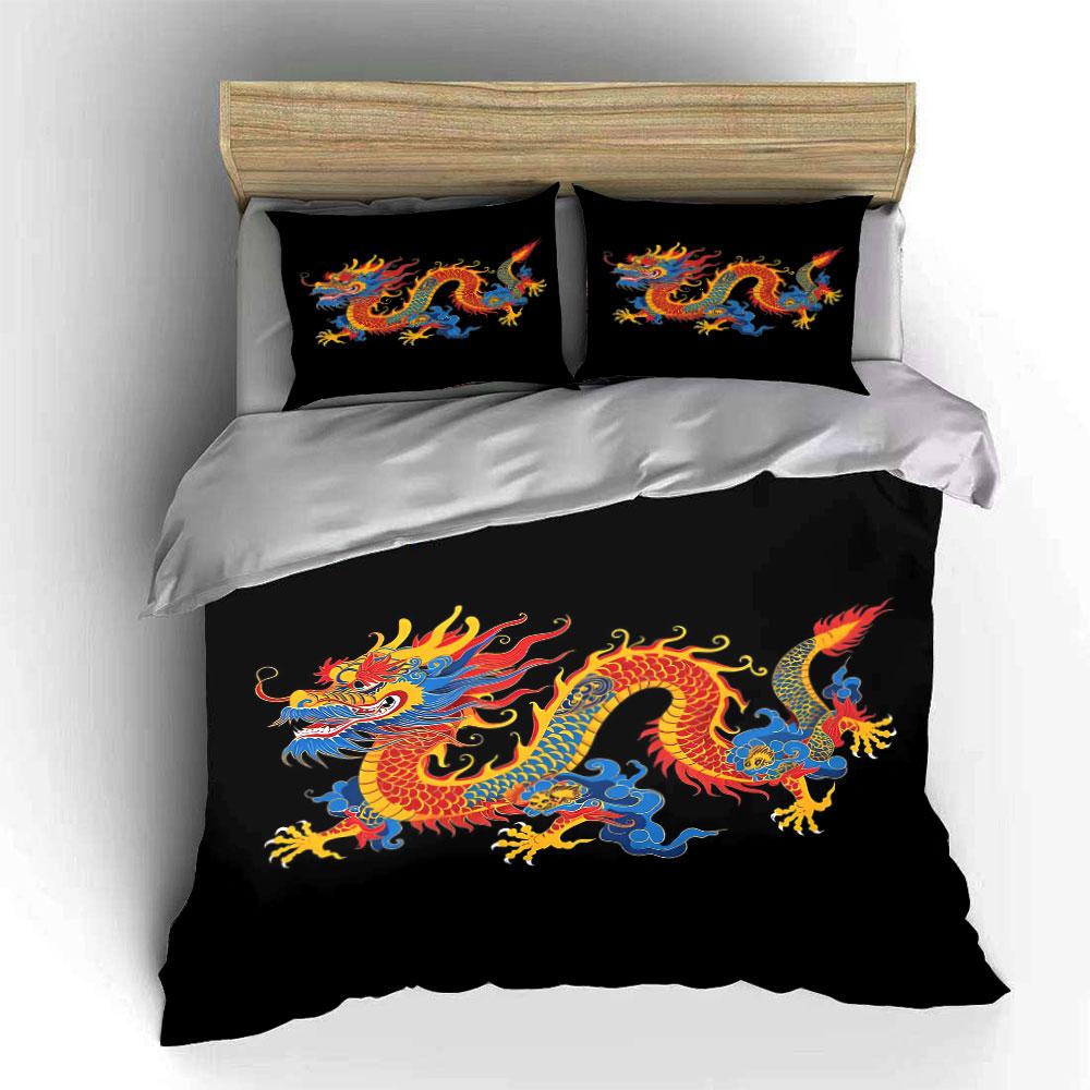 Chinese Dragon Decorative Set Bedding Set With 1 Duvet Cover 2 Pillowcases Single Double King Queen, Gift