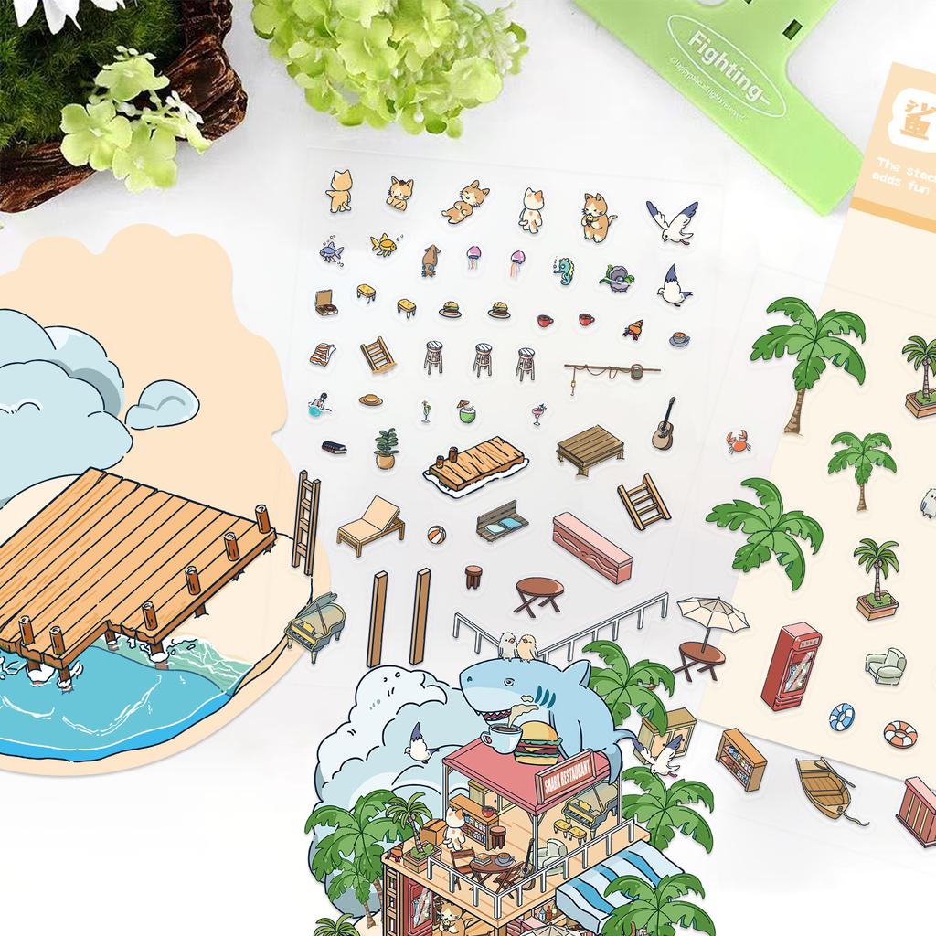 Cartoon Large Landscaping Cartoon Shark Restaurant Scene Sticker 3D Miniature World Decompression DIY Scene