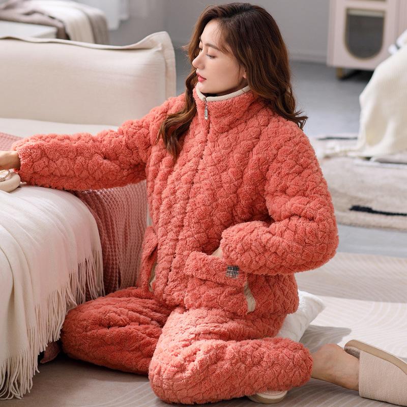 Autumn And Winter Pajamas Women'S Coral Fleece Padded Cotton Winter Three-Layer Warm Thickened Flannel Loungewear Zipper Set