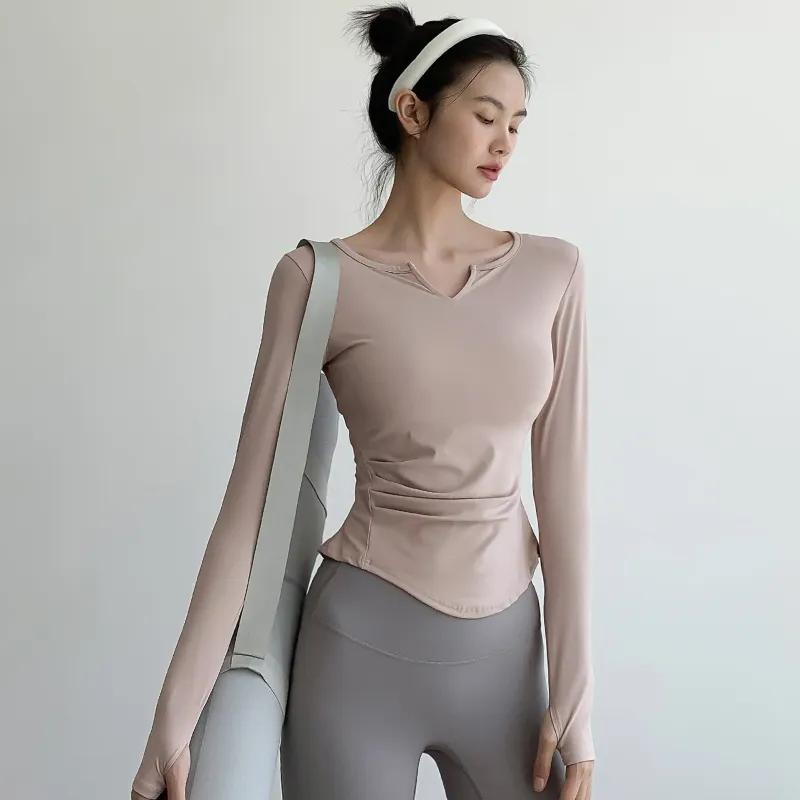 Women's Beige Sports Long Sleeve Top V-neck Side Ruched Stretchy Fitted Yoga Activewear