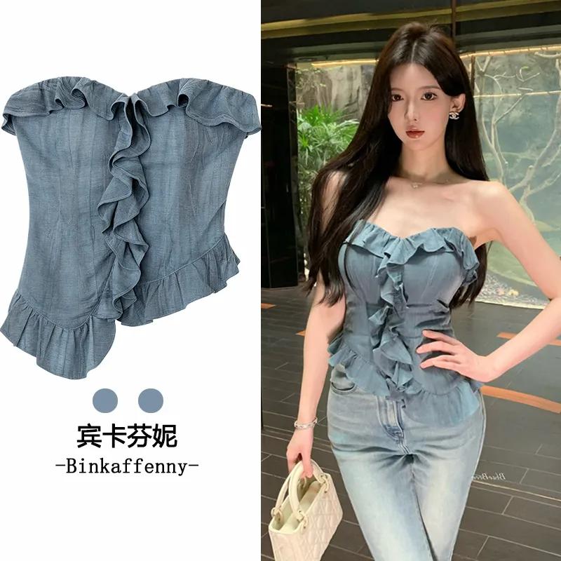 Women's Denim Ruffle Tube Top Strapless Slim Fit Sleeveless Blouse Casual Party Daily Wear