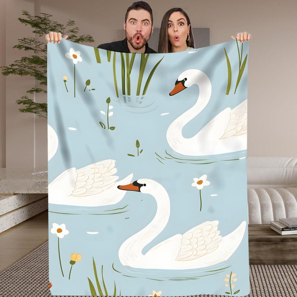 1pc Flannel Blanket - Soft All-Season Lightweight Throw with Elegant Swan Lake Design In White, Green, Blue - Perfect for Home,
