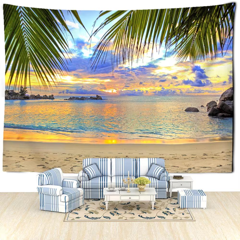 VIKAMA Summer Tropical Beach Sunset Panoramic Tapestry Flower Living Room Bedroom Vacation Style Cozy Relaxing Space Arrangement