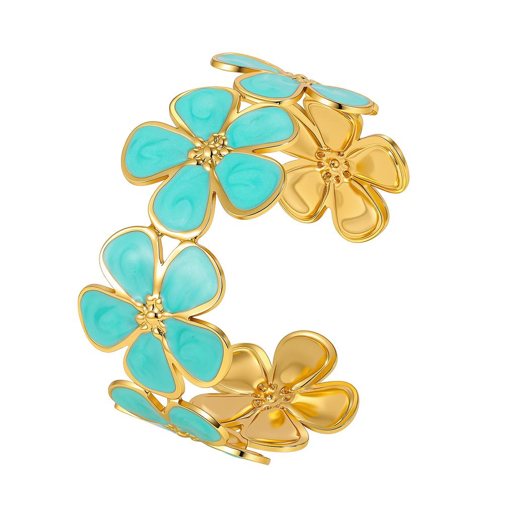 Vintage Colorful Enamel Flower Cuff Bracelet, 18K Gold Plated Stainless Steel Floral Bangle, Anti-Tarnish Party Jewelry