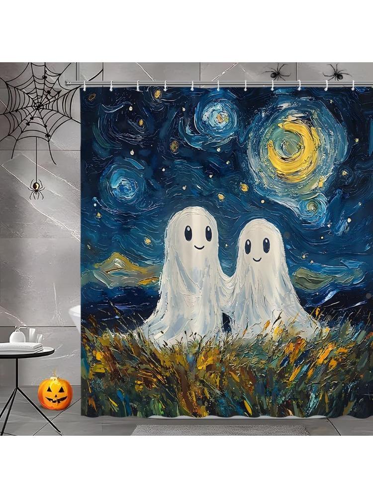Starry Night Ghost Shower Curtain Gothic Spooky Halloween Cartoon Ghosts Fantasy Starry Sky Abstract Painting Whimsical Ghost 90x180CM