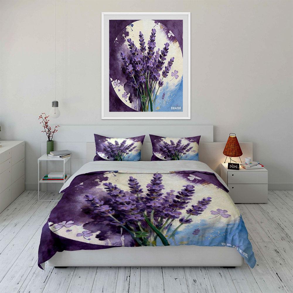 Lavender Floral Art Home Decor Multiple Sizes Kid'S And Adults' Bedroom Exquisite 3Pc Bedding Set, Gift