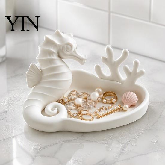 Seahorse Jewelry Dish Coral Tray, 3D Printed Ocean Themed Ring Earring Gift for Lovers Holder, Decorative Trinket Vanity Table Desktop Storage
