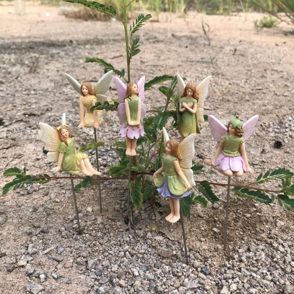 6 Stück Harz-Feenmodell Niedliche Gartenskulpturen Blumenfee-Steckset Blumentopf und Sand