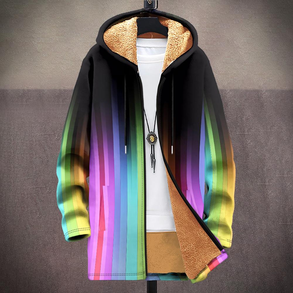 New Jacket: Multi-colored Pattern Elements, Zipper Hooded Cardigan, Thickened Winter Fleece Padded Clothes, Yellow Lining, Trendy Cotton Clothes