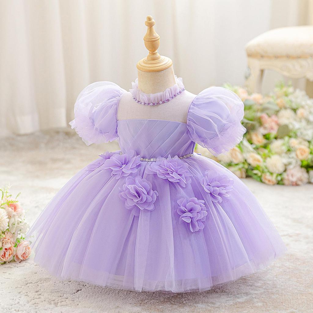 Vestido de Primera Comunión de Princesa con Flores 3D para Niñas - Falda de Malla Abullonada para Actuación de Piano