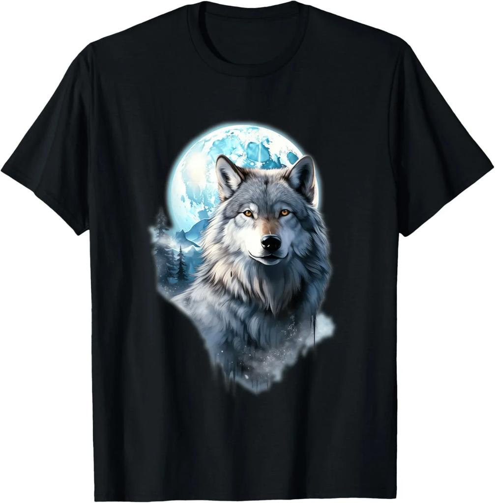 Majestätischer Wolf Vollmond Grafik T-Shirt Atmungsaktives Baumwoll Rundhals T-Shirt