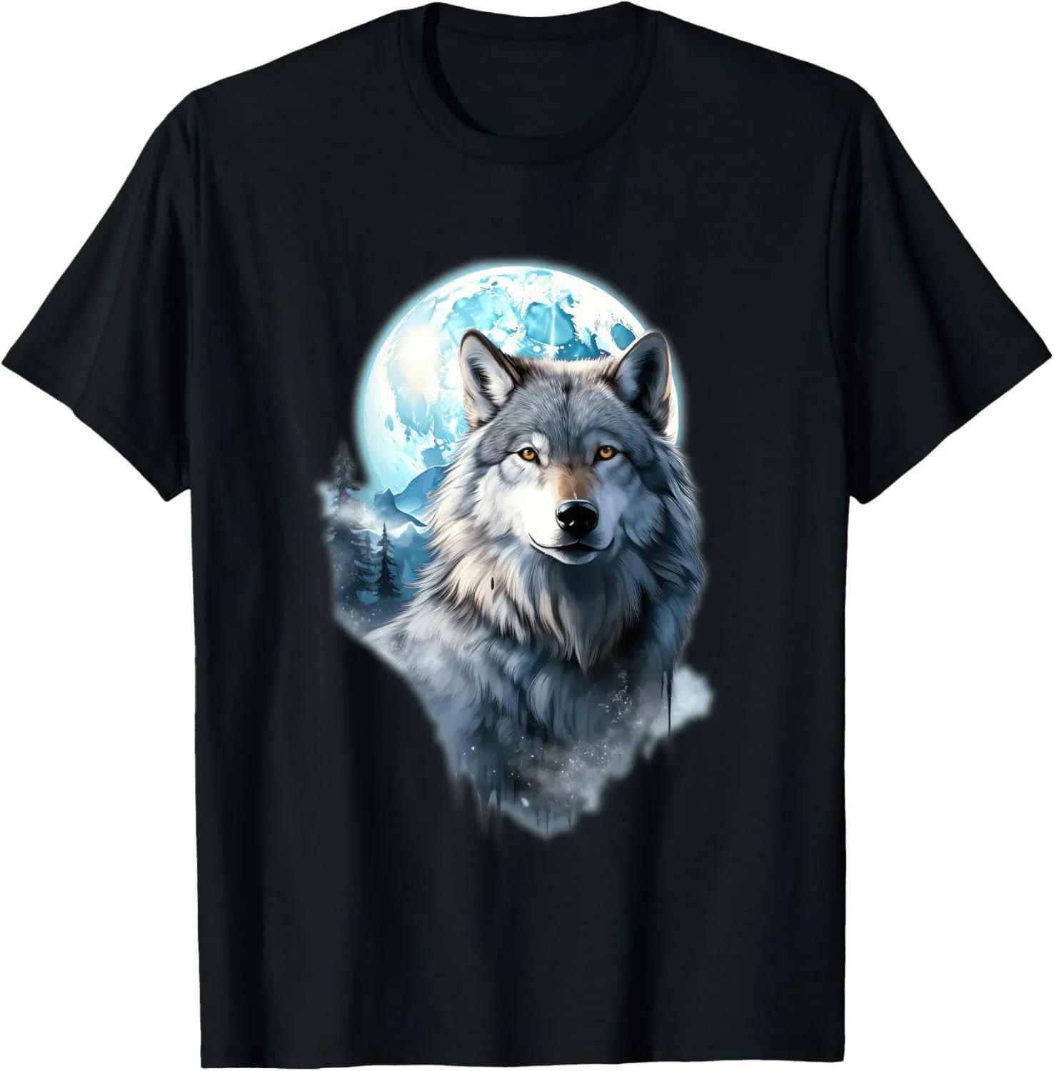 Majestic Wolf Full Moon Graphic T-Shirt Breathable Cotton Crewneck Tee S чёрный
