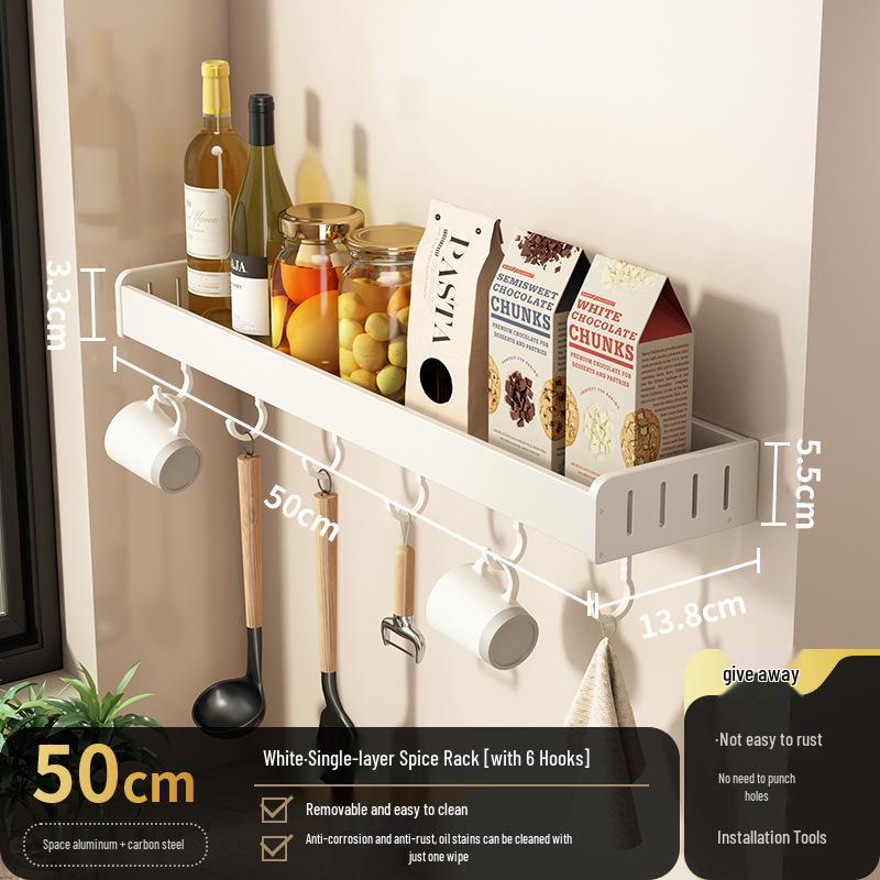 White Wall-Mounted Kitchen Rack: No-Drill Seasoning, Knife, and Chopsticks Organizer